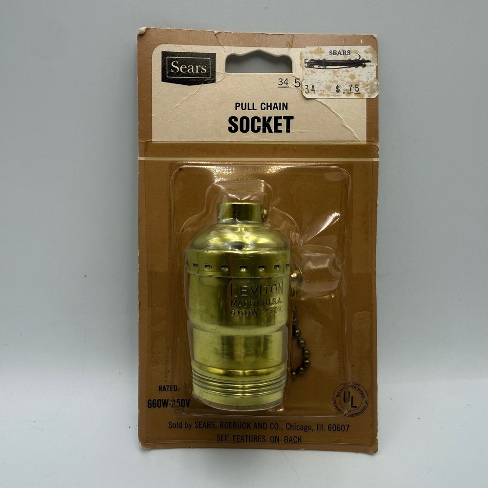 Vintage Leviton Pull Chain Socket Brass Sears 660W 250V Made in USA NOS New